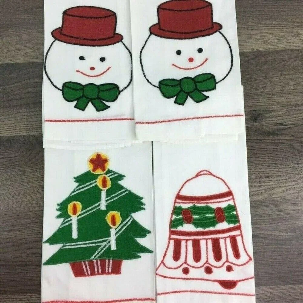 4 Christmas Kitchen Towels Snowman Tree Bells Ramie Cotton